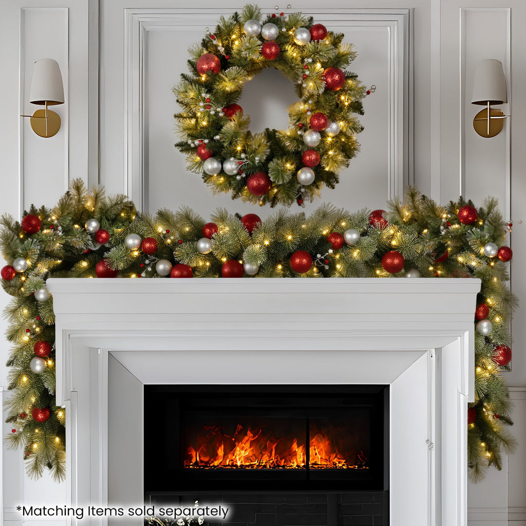 Christabelle Stunning 61cm Christmas Wreath with LED Lights Baubles Berries Red Silver Front Door Decoration