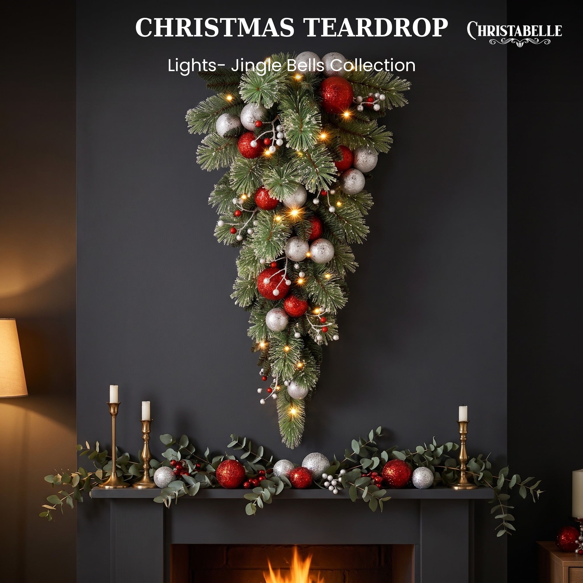 Christabelle 90cm Jingle Bells Christmas Teardrop Pre Lit Warm White LED Timer Baubles Berries Silver Shimmer Foliage