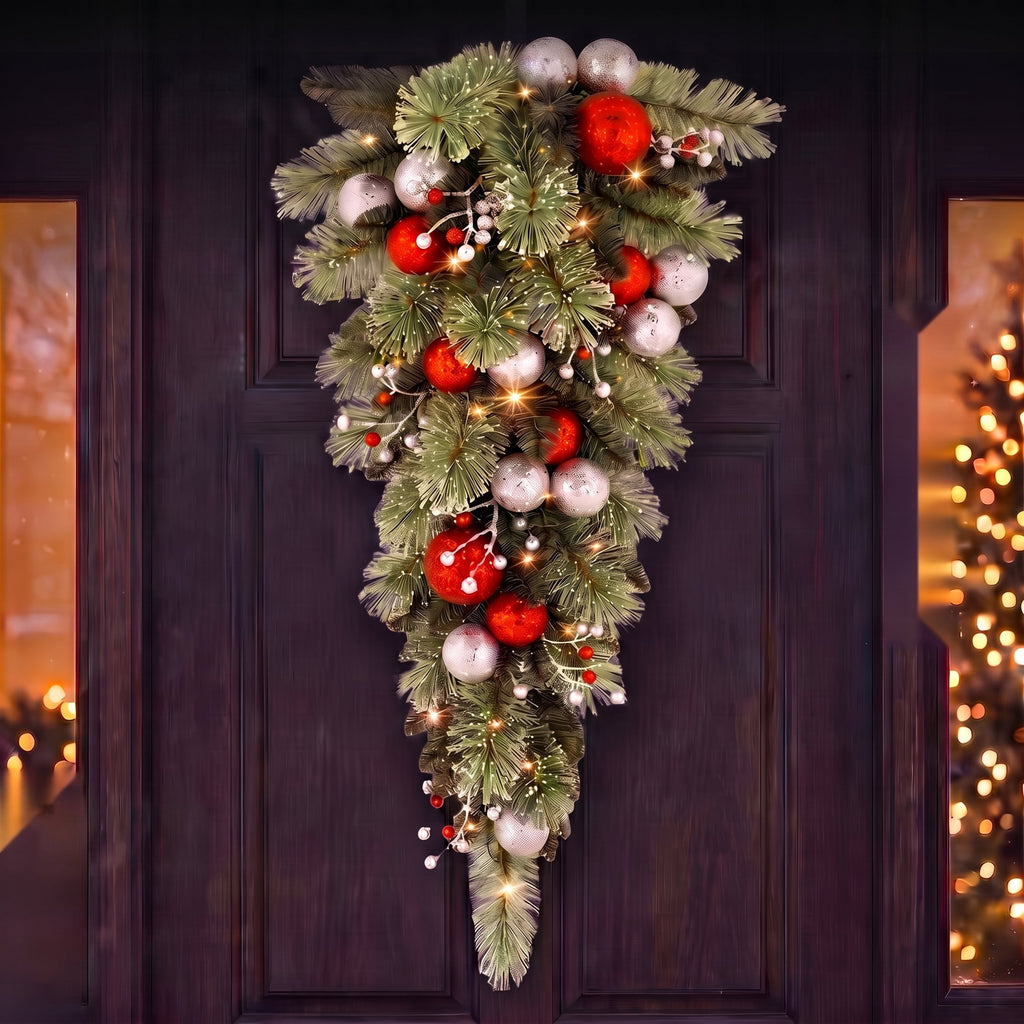 Christabelle 90cm Jingle Bells Christmas Teardrop Pre Lit Warm White LED Timer Baubles Berries Silver Shimmer Foliage