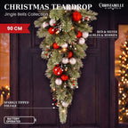 Christabelle 90cm Jingle Bells Christmas Teardrop Pre Lit Warm White LED Timer Baubles Berries Silver Shimmer Foliage