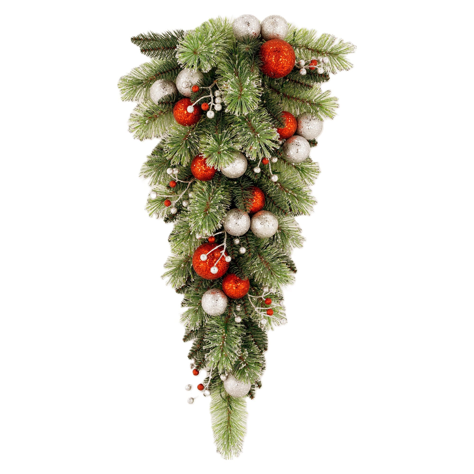 Christabelle 90cm Jingle Bells Christmas Teardrop Pre Lit Warm White LED Timer Baubles Berries Silver Shimmer Foliage