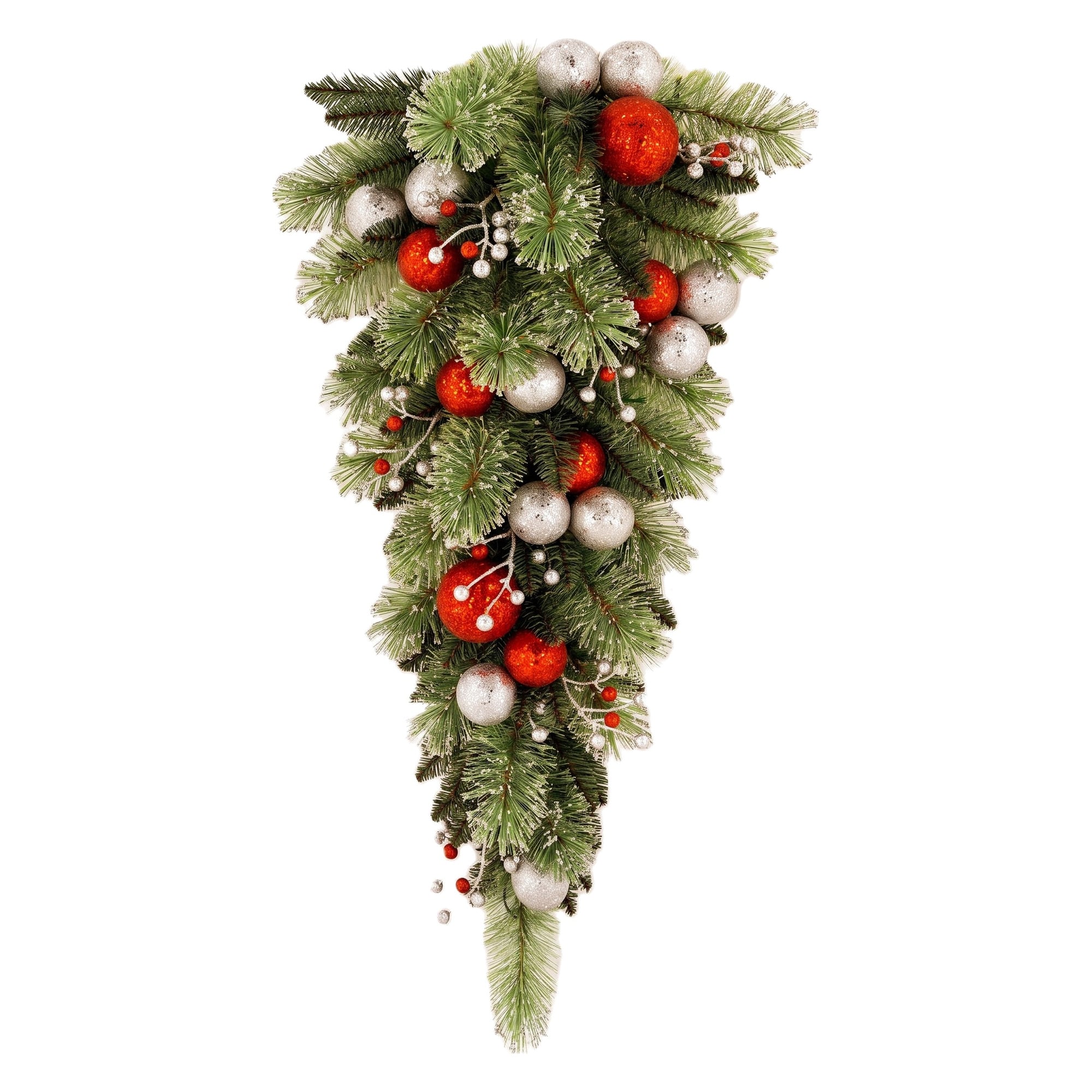 Christabelle 90cm Jingle Bells Christmas Teardrop Pre Lit Warm White LED Timer Baubles Berries Silver Shimmer Foliage