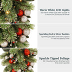 Christabelle 90cm Jingle Bells Christmas Teardrop Pre Lit Warm White LED Timer Baubles Berries Silver Shimmer Foliage