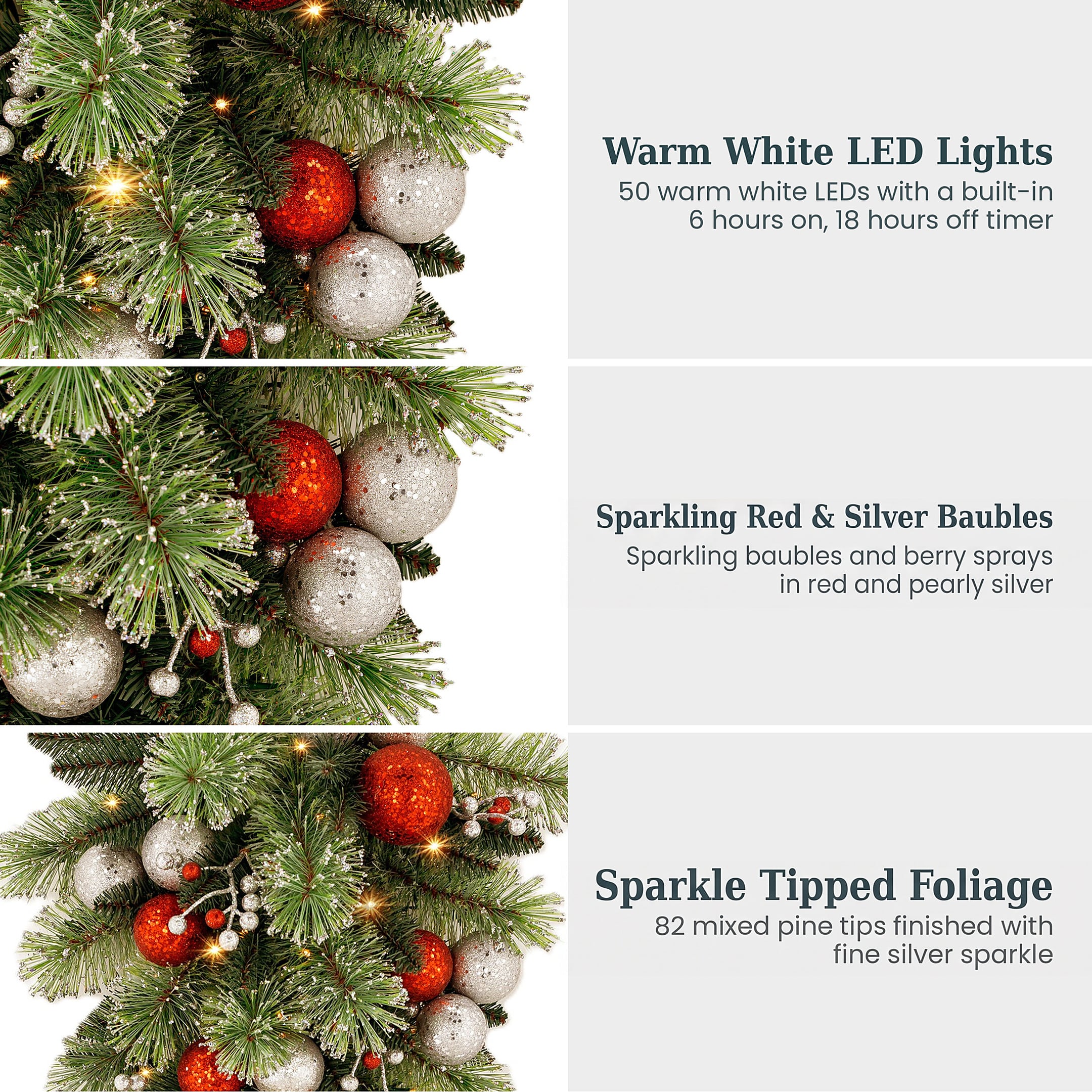 Christabelle 90cm Jingle Bells Christmas Teardrop Pre Lit Warm White LED Timer Baubles Berries Silver Shimmer Foliage