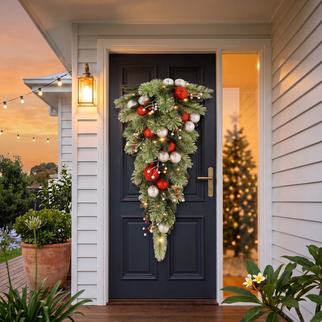 Christabelle 90cm Jingle Bells Christmas Teardrop Pre Lit Warm White LED Timer Baubles Berries Silver Shimmer Foliage