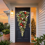 Christabelle 90cm Jingle Bells Christmas Teardrop Pre Lit Warm White LED Timer Baubles Berries Silver Shimmer Foliage
