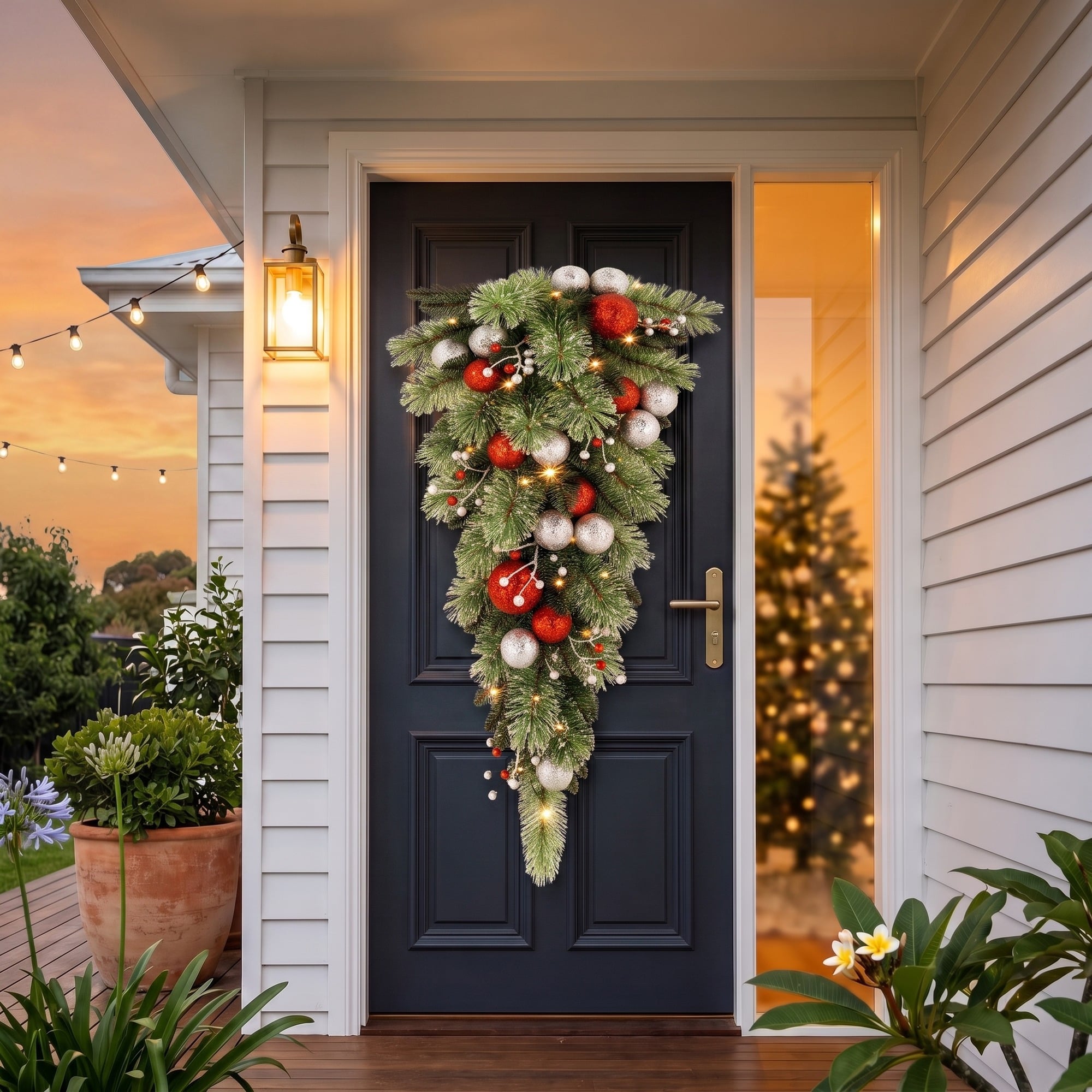 Christabelle 90cm Jingle Bells Christmas Teardrop Pre Lit Warm White LED Timer Baubles Berries Silver Shimmer Foliage