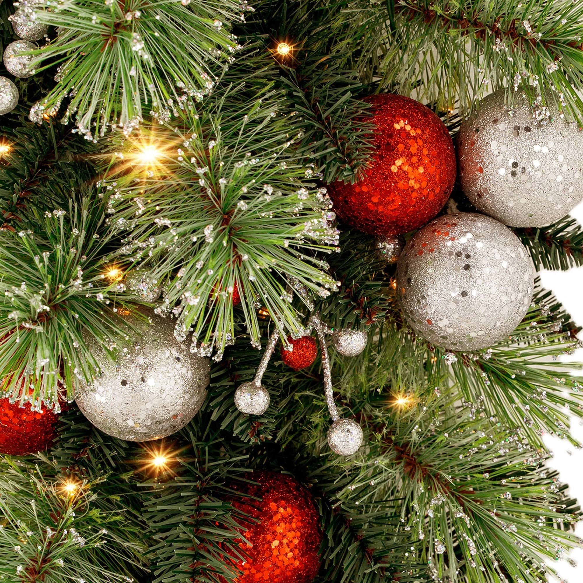 Christabelle 90cm Jingle Bells Christmas Teardrop Pre Lit Warm White LED Timer Baubles Berries Silver Shimmer Foliage