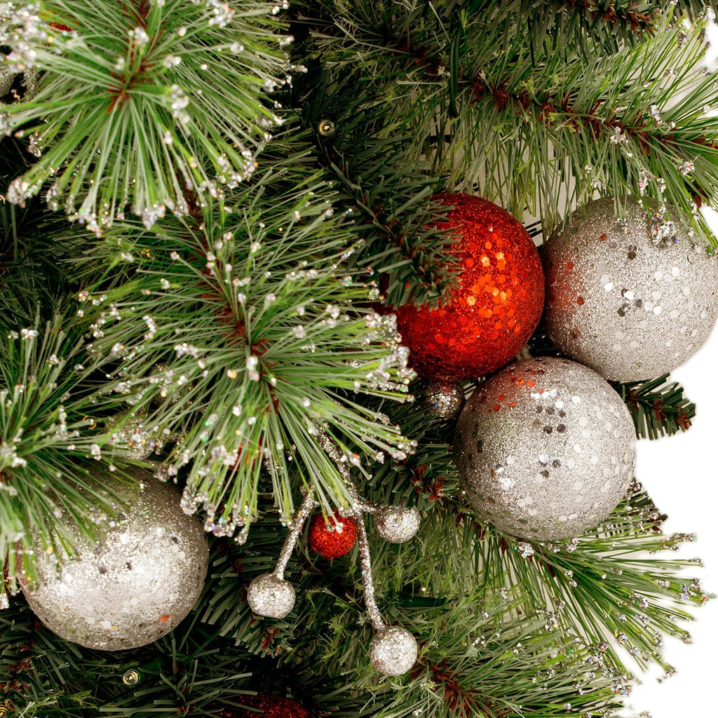 Christabelle 90cm Jingle Bells Christmas Teardrop Pre Lit Warm White LED Timer Baubles Berries Silver Shimmer Foliage