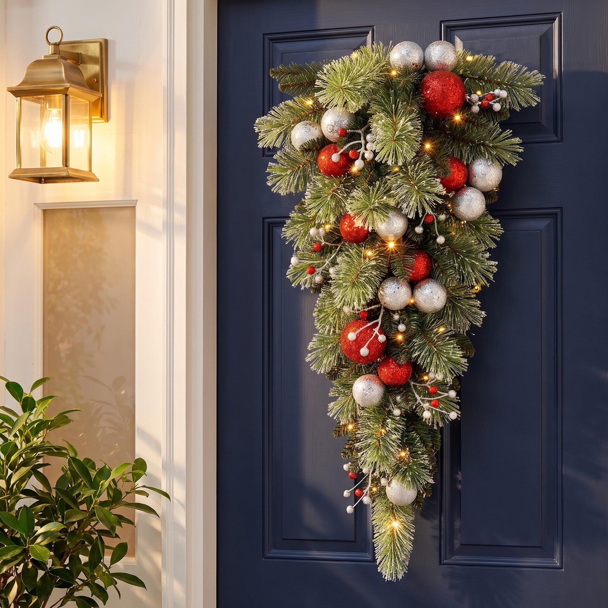 Christabelle 90cm Jingle Bells Christmas Teardrop Pre Lit Warm White LED Timer Baubles Berries Silver Shimmer Foliage