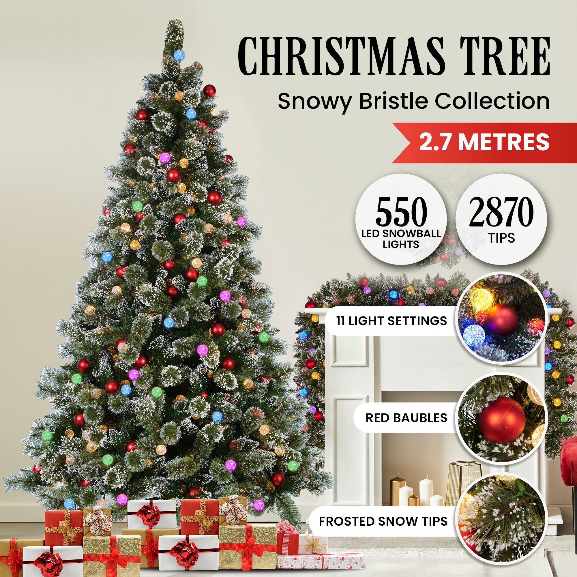 2.7m Snowy Bristle Multicolour Pre-Lit Christmas Tree with 2870 Tips