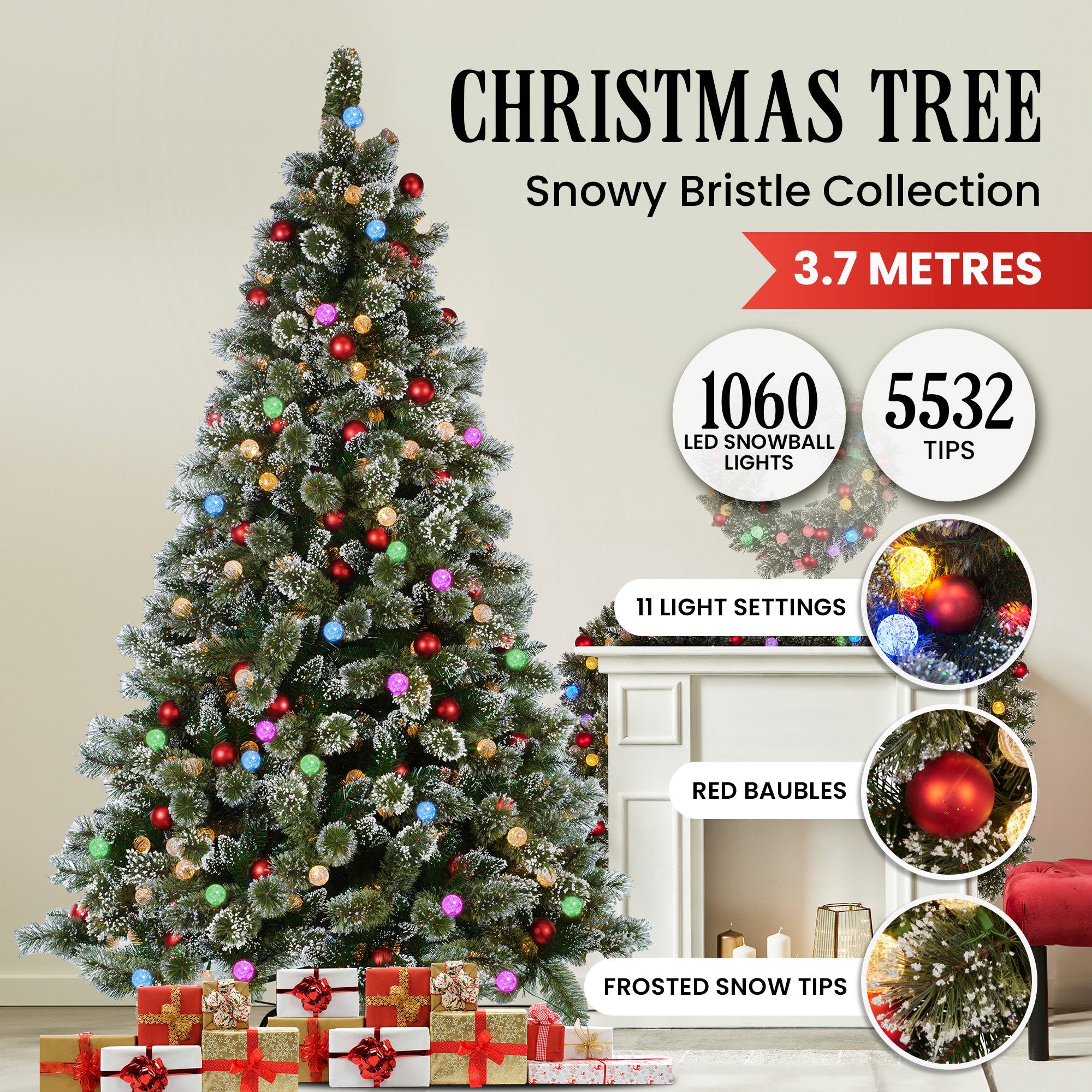 Snowy Bristle 3.6m Multicolour Pre-Lit Christmas Tree with 5532 Tips