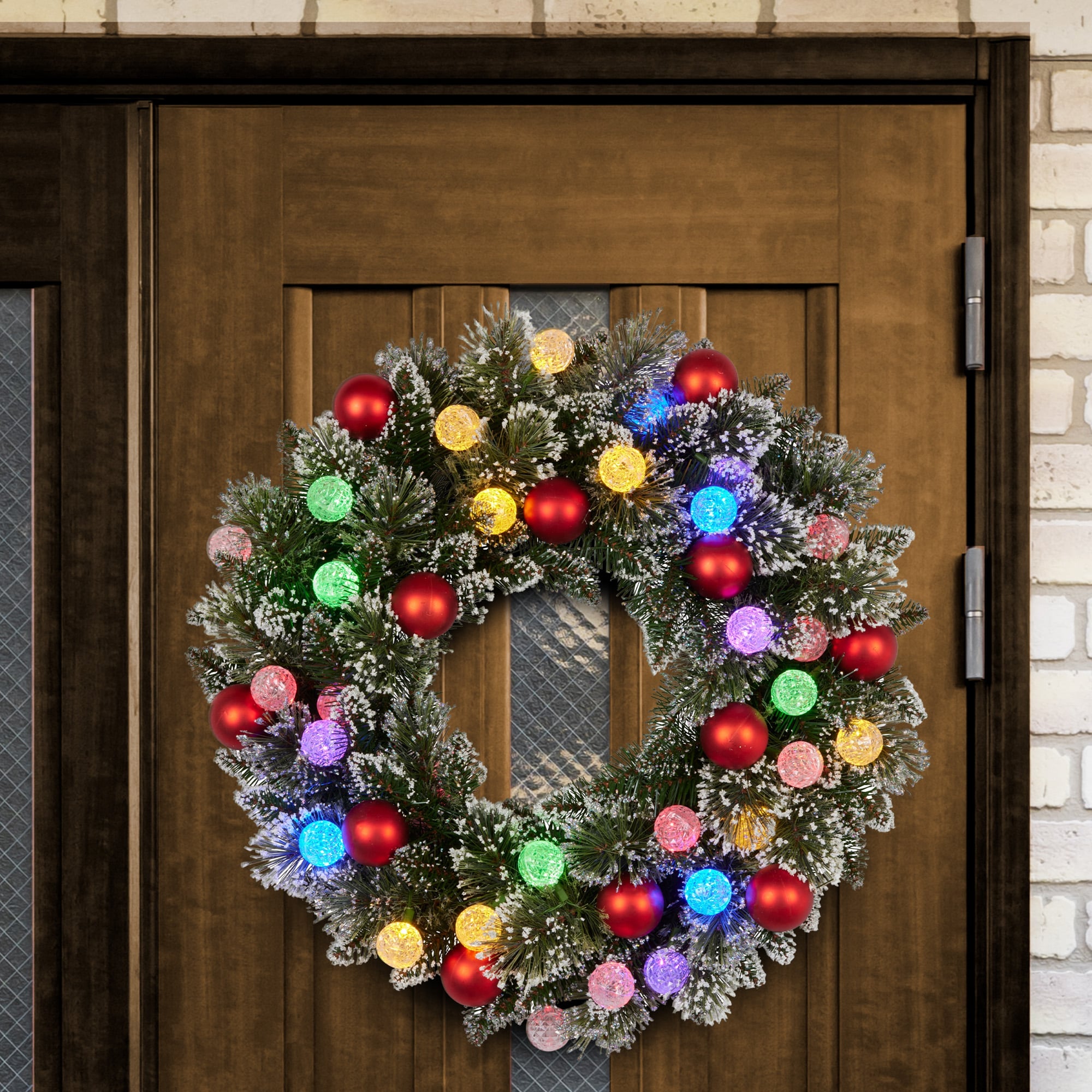 Christabelle 61cm Christmas Wreath Snowy Bristle with LED Lights Multicolour Front Door Decoration