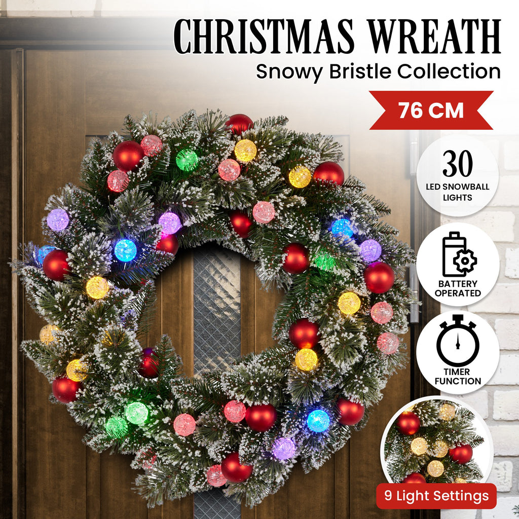 76cm Snowy Bristle Pre-Lit Multicolour Christmas Wreath