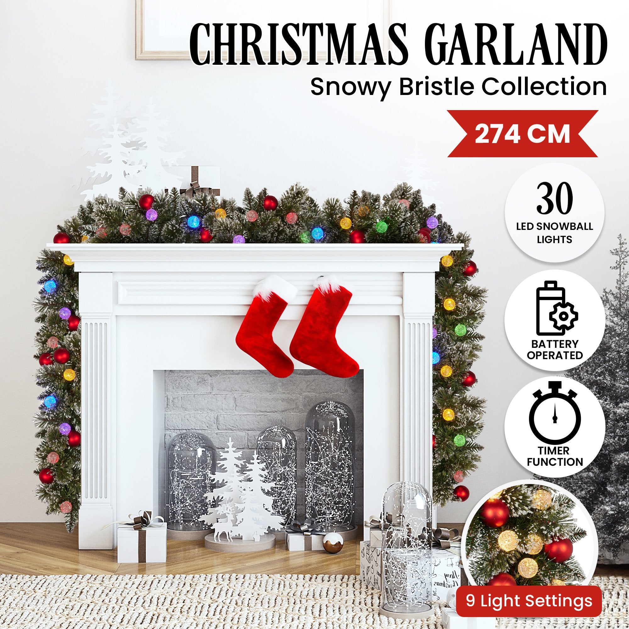 Christabelle 2.74m Christmas Garland Snowy with LED Lights Multicolour Tree Decoration Ornament