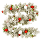 Christabelle 2.74m Snowy Elegance Christmas Garland Pre Lit Warm White LED Red Baubles Berries Flocked Mantel Banister