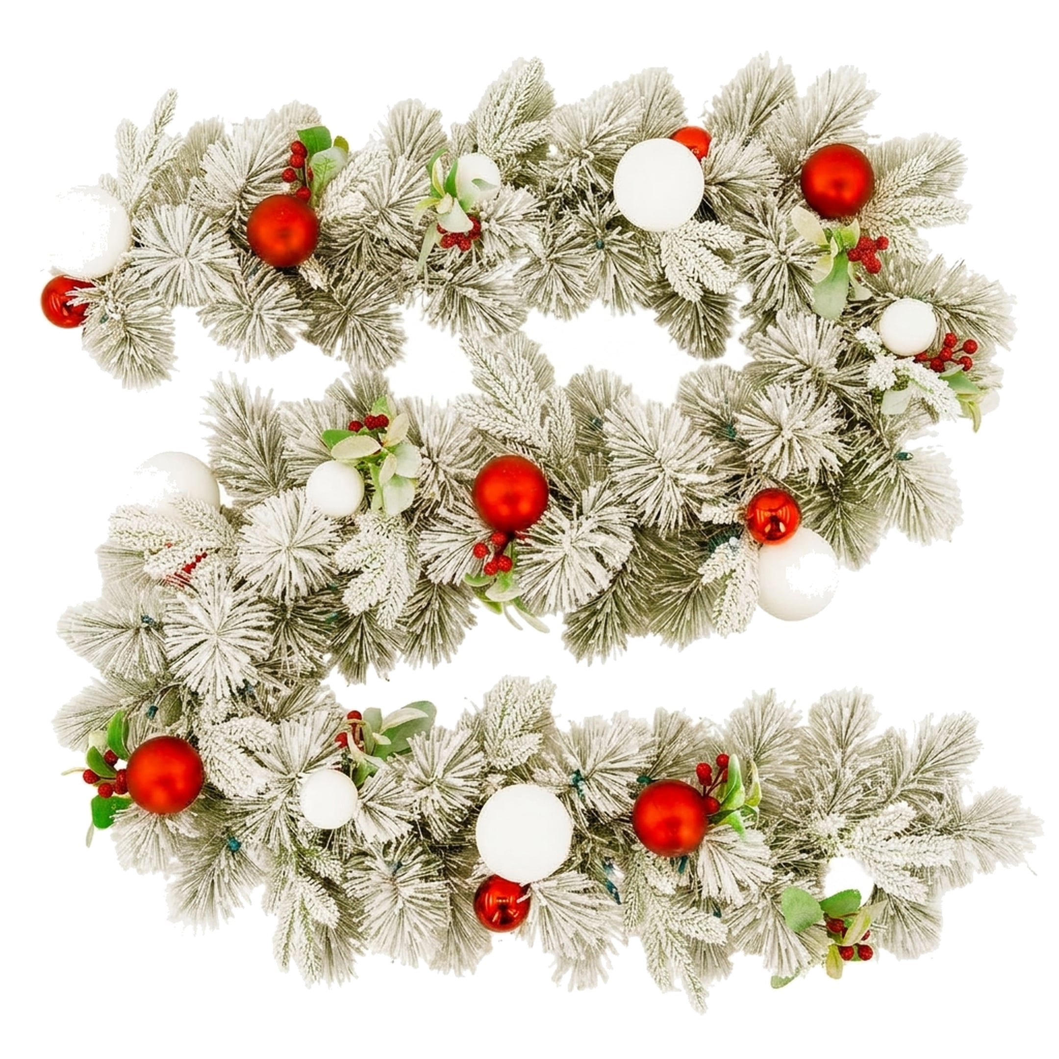 Christabelle 2.74m Snowy Elegance Christmas Garland Pre Lit Warm White LED Red Baubles Berries Flocked Mantel Banister