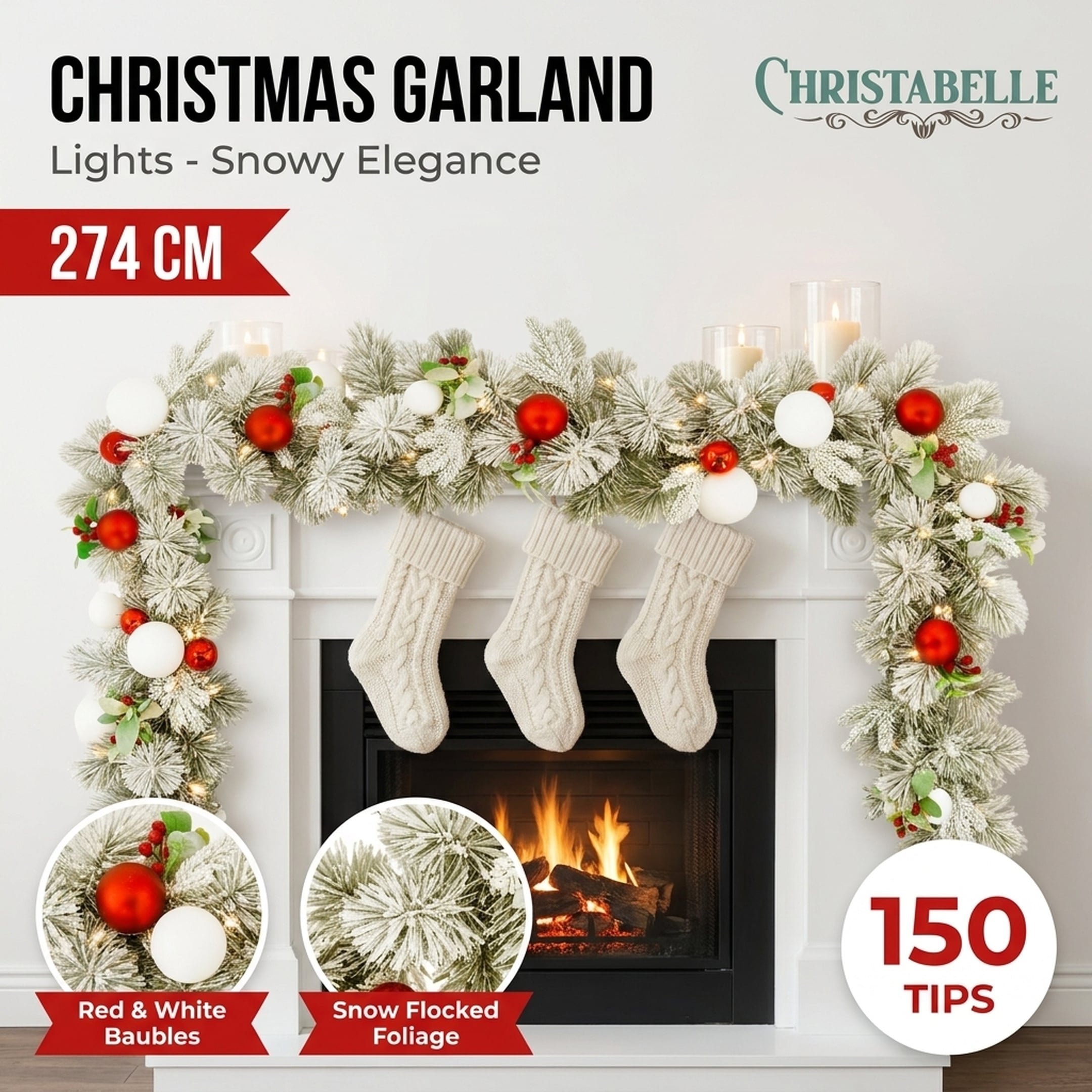 Christabelle 2.74m Snowy Elegance Christmas Garland Pre Lit Warm White LED Red Baubles Berries Flocked Mantel Banister