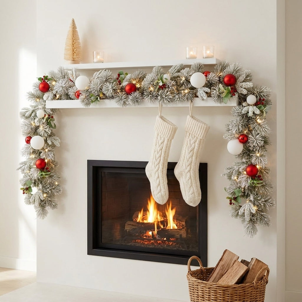 Christabelle 2.74m Snowy Elegance Christmas Garland Pre Lit Warm White LED Red Baubles Berries Flocked Mantel Banister