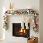 Christabelle 2.74m Snowy Elegance Christmas Garland Pre Lit Warm White LED Red Baubles Berries Flocked Mantel Banister