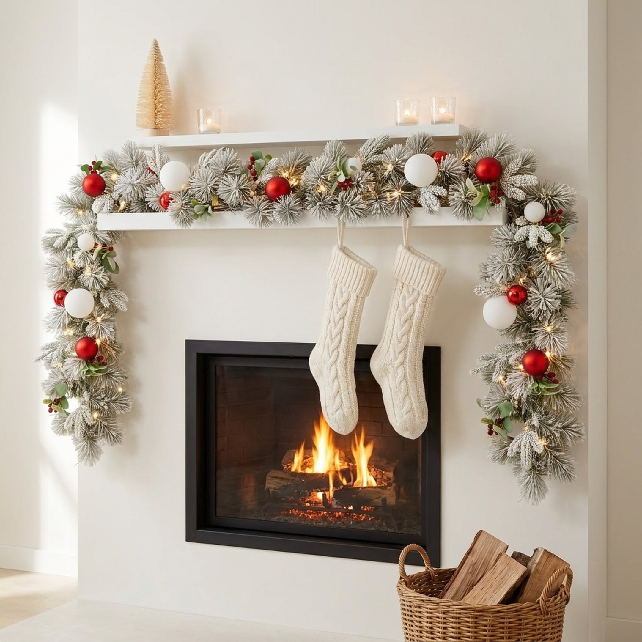 Christabelle 2.74m Snowy Elegance Christmas Garland Pre Lit Warm White LED Red Baubles Berries Flocked Mantel Banister