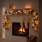 Christabelle 2.74m Snowy Elegance Christmas Garland Pre Lit Warm White LED Red Baubles Berries Flocked Mantel Banister