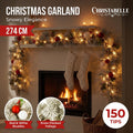 Christabelle 2.74m Snowy Elegance Christmas Garland Pre Lit Warm White LED Red Baubles Berries Flocked Mantel Banister
