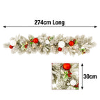 Christabelle 2.74m Snowy Elegance Christmas Garland Pre Lit Warm White LED Red Baubles Berries Flocked Mantel Banister