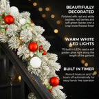 Christabelle 2.74m Snowy Elegance Christmas Garland Pre Lit Warm White LED Red Baubles Berries Flocked Mantel Banister
