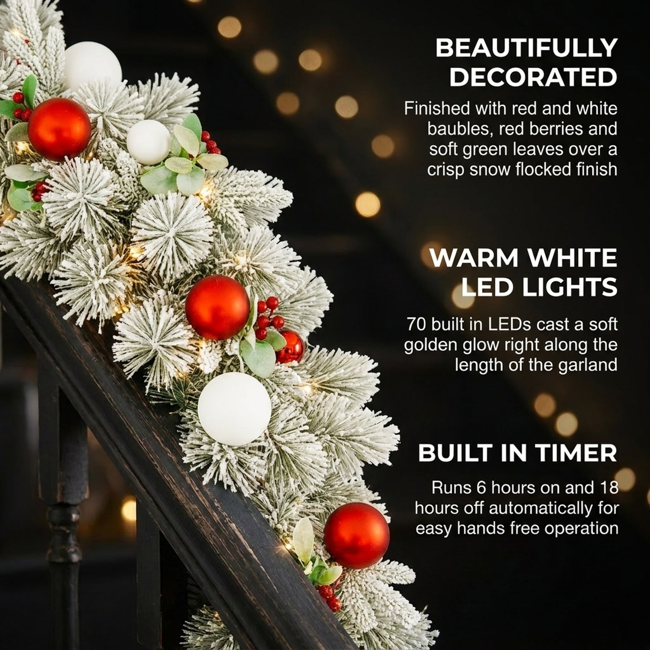 Christabelle 2.74m Snowy Elegance Christmas Garland Pre Lit Warm White LED Red Baubles Berries Flocked Mantel Banister