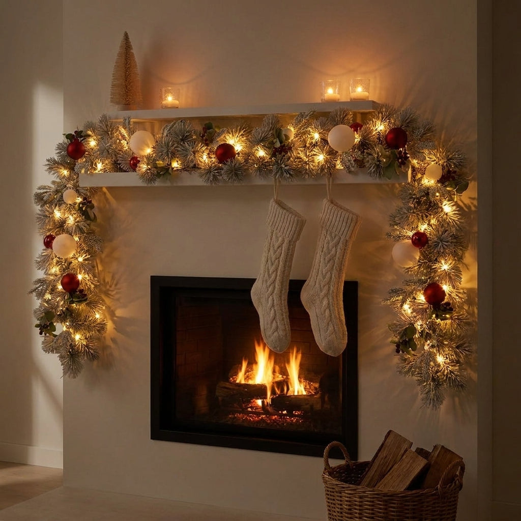 Christabelle 2.74m Snowy Elegance Christmas Garland Pre Lit Warm White LED Red Baubles Berries Flocked Mantel Banister
