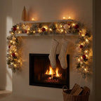 Christabelle 2.74m Snowy Elegance Christmas Garland Pre Lit Warm White LED Red Baubles Berries Flocked Mantel Banister