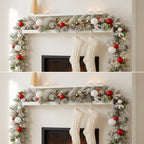 Christabelle 2.74m Snowy Elegance Christmas Garland Pre Lit Warm White LED Red Baubles Berries Flocked Mantel Banister
