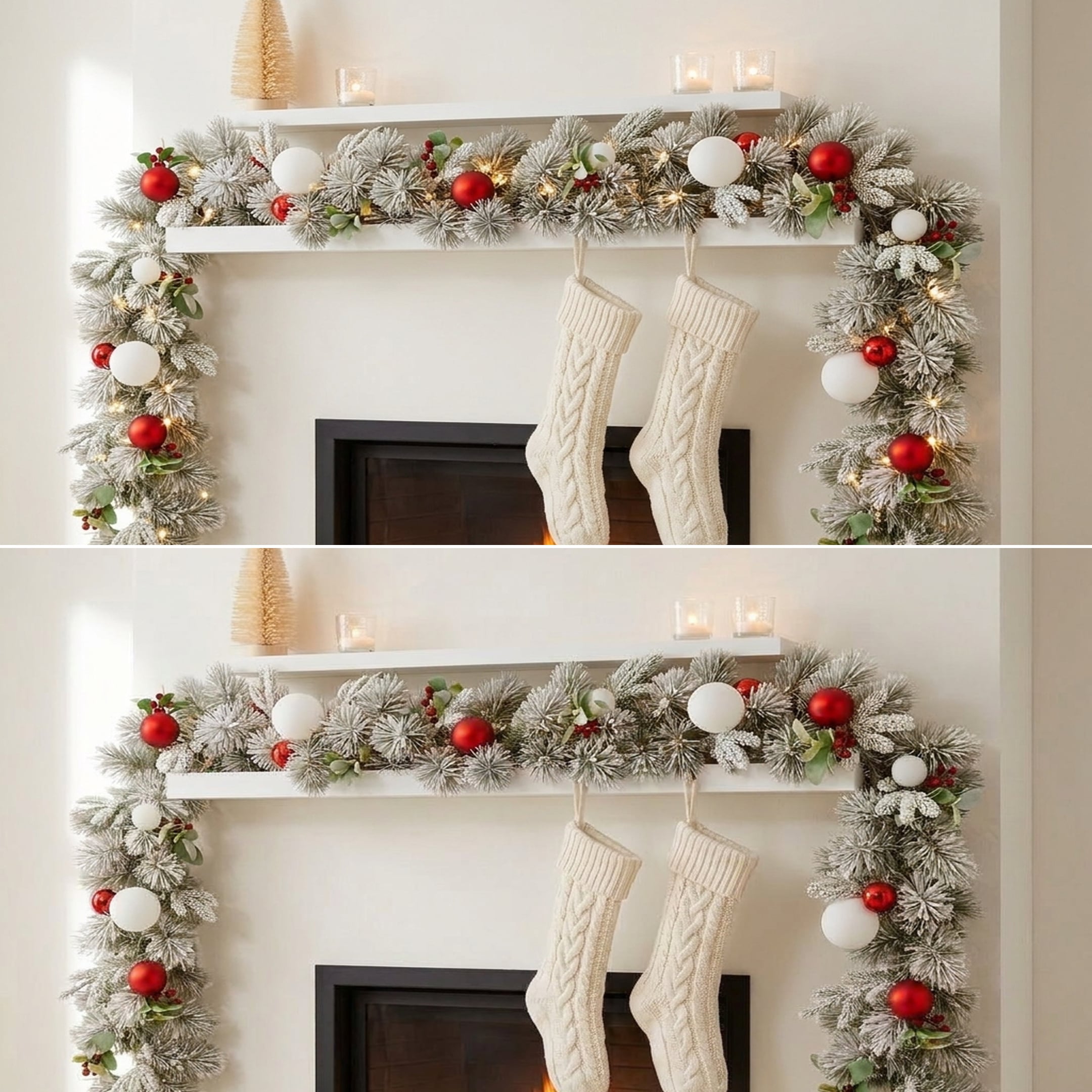 Christabelle 2.74m Snowy Elegance Christmas Garland Pre Lit Warm White LED Red Baubles Berries Flocked Mantel Banister