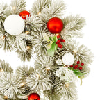 Christabelle 2.74m Snowy Elegance Christmas Garland Pre Lit Warm White LED Red Baubles Berries Flocked Mantel Banister