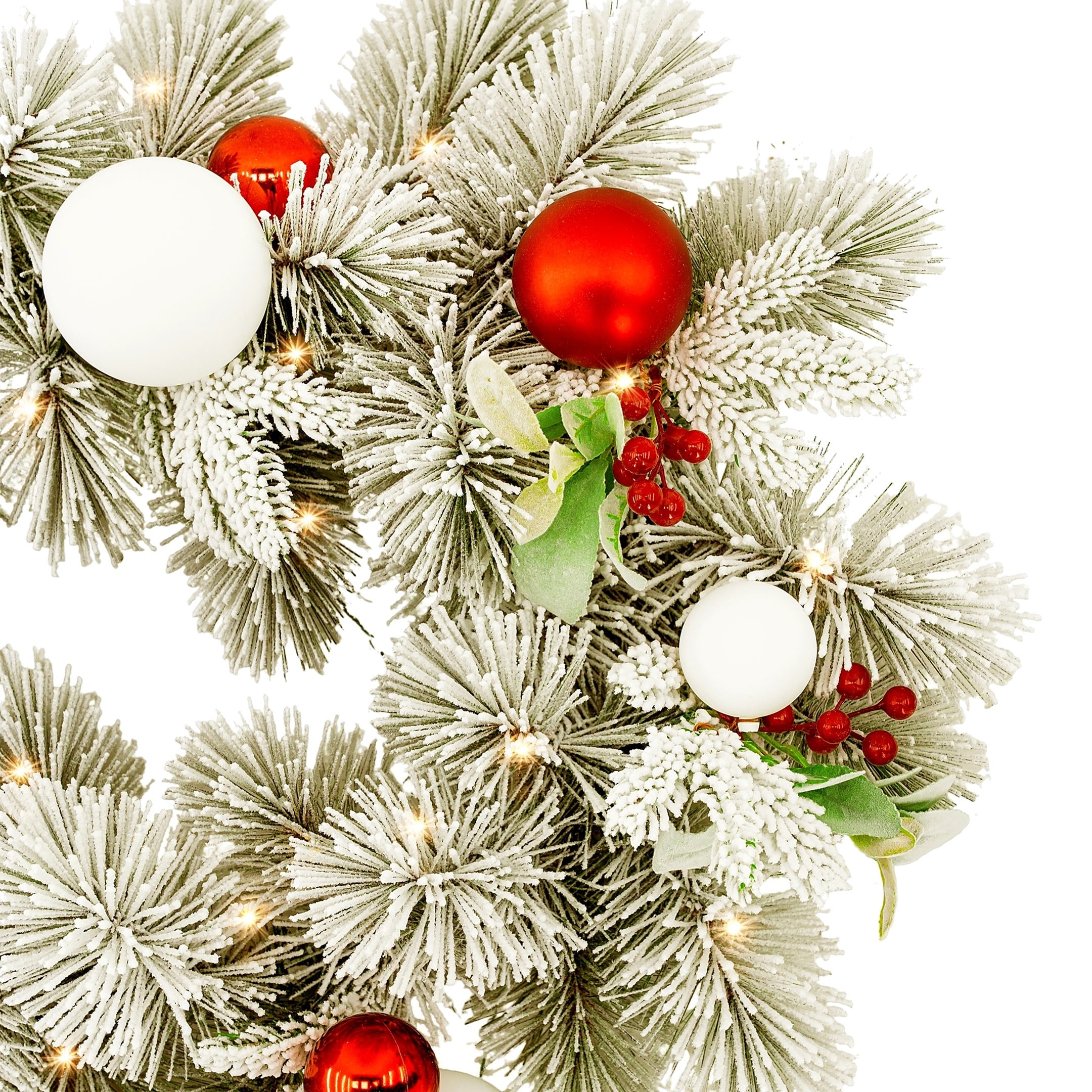 Christabelle 2.74m Snowy Elegance Christmas Garland Pre Lit Warm White LED Red Baubles Berries Flocked Mantel Banister