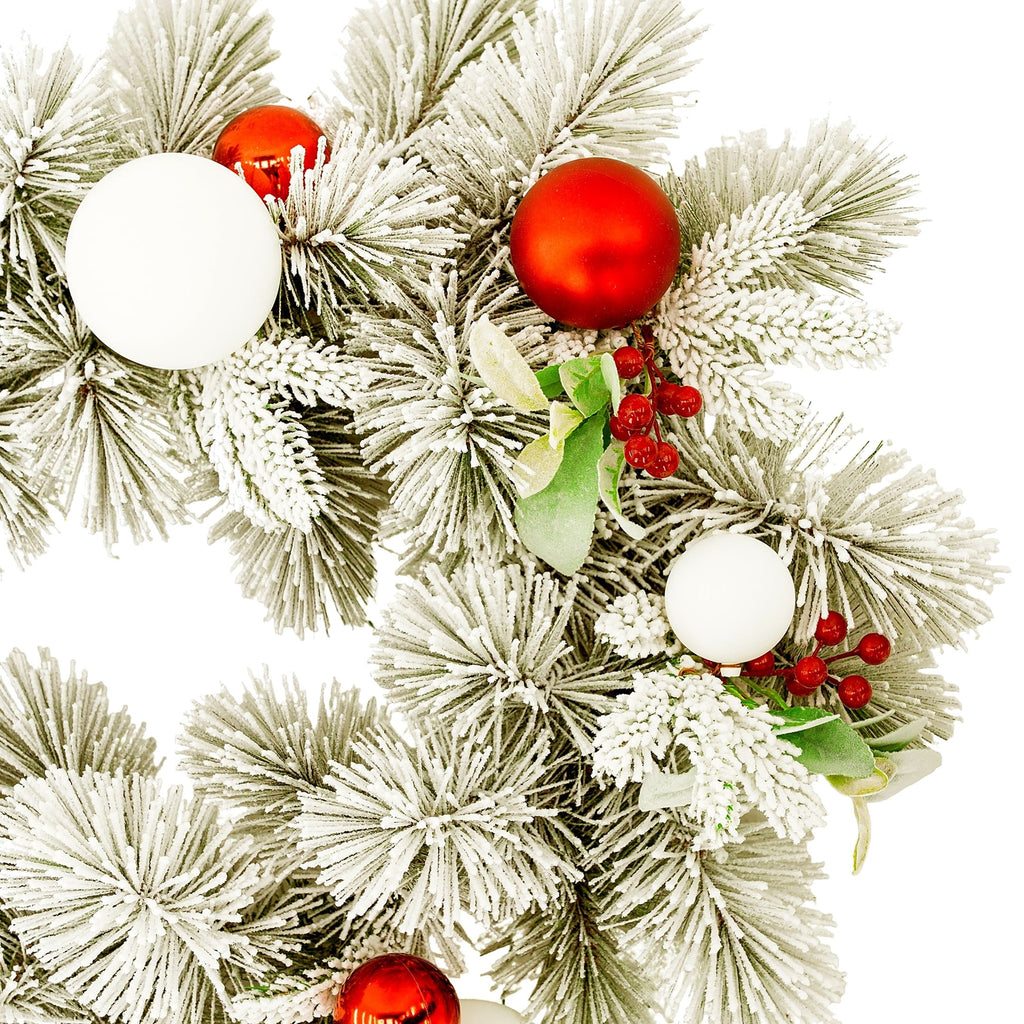 Christabelle 2.74m Snowy Elegance Christmas Garland Pre Lit Warm White LED Red Baubles Berries Flocked Mantel Banister