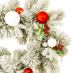 Christabelle 2.74m Snowy Elegance Christmas Garland Pre Lit Warm White LED Red Baubles Berries Flocked Mantel Banister
