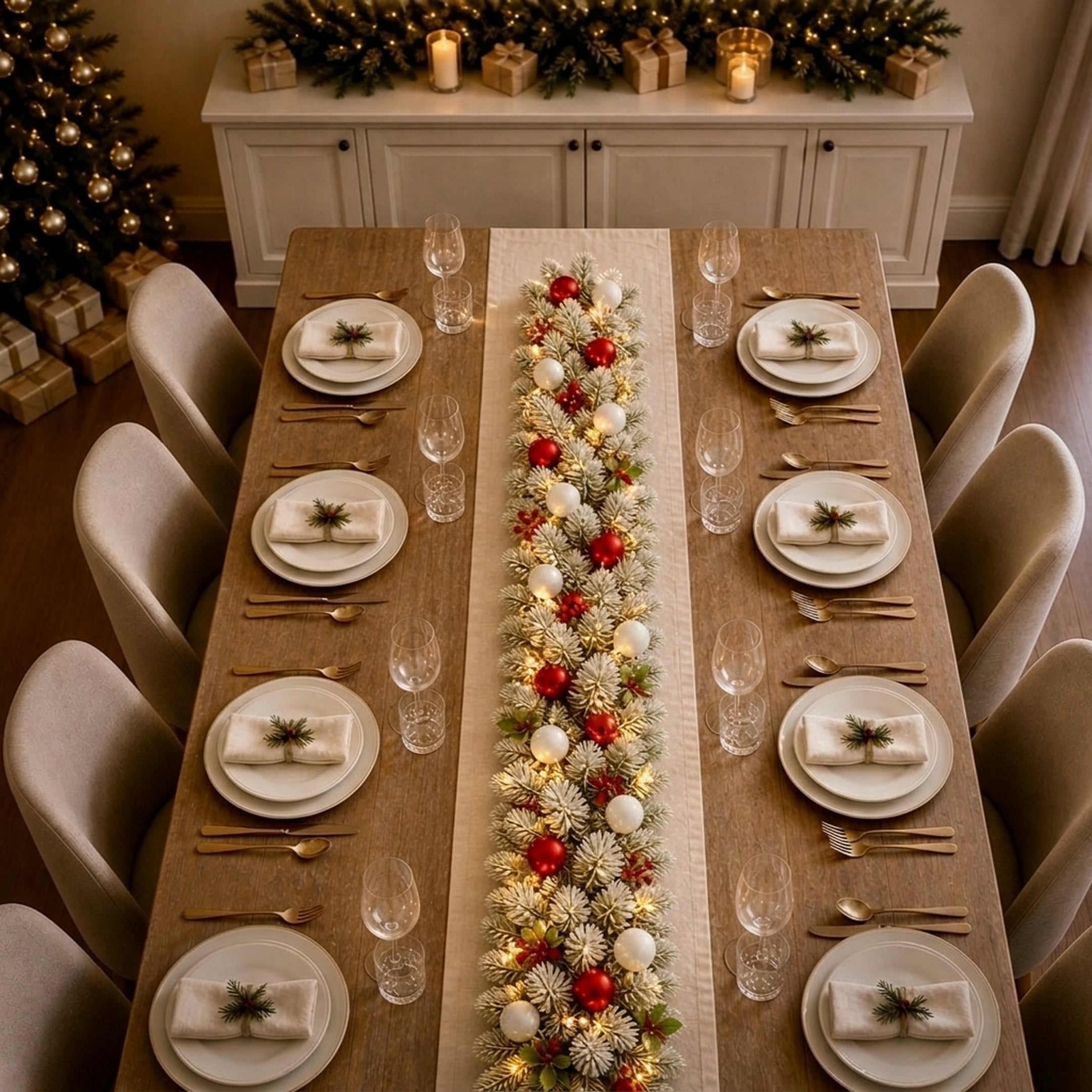 Christabelle 2.74m Snowy Elegance Christmas Garland Pre Lit Warm White LED Red Baubles Berries Flocked Mantel Banister