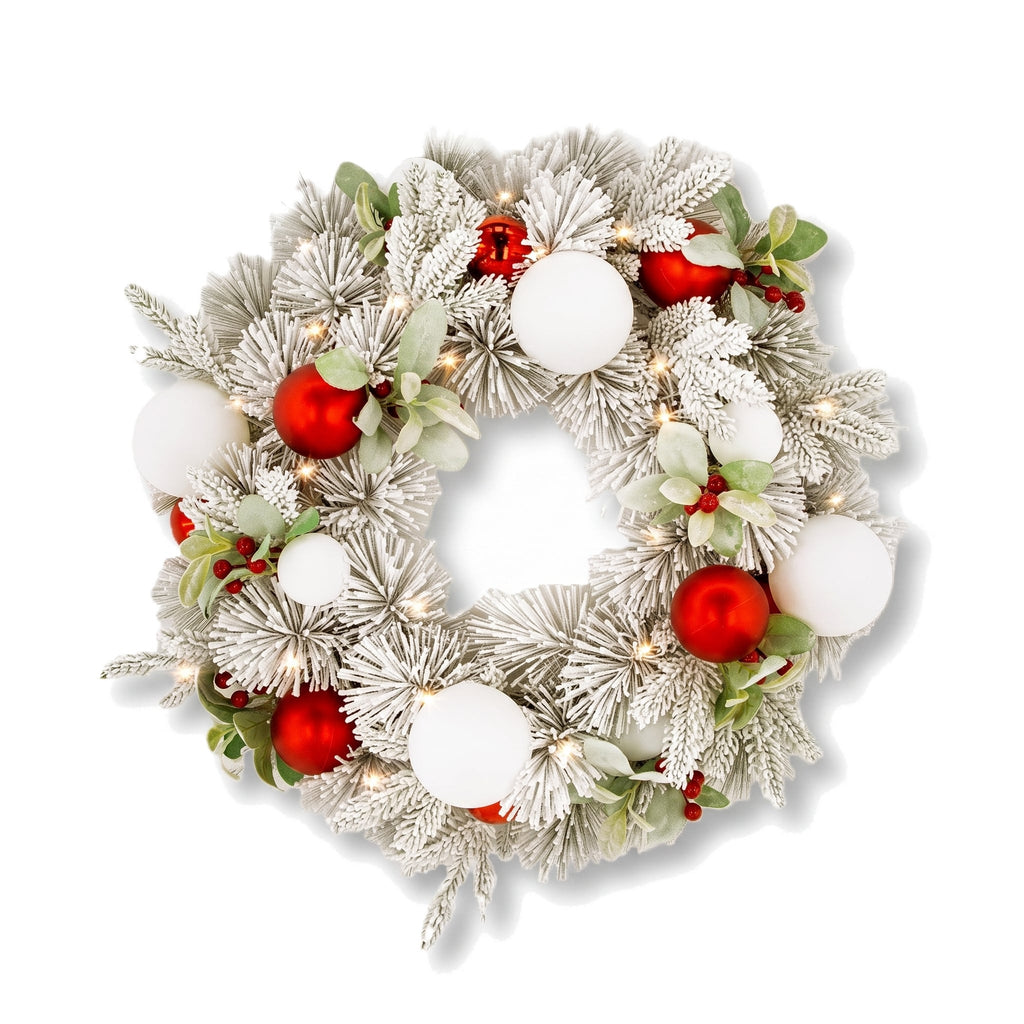 Christabelle 61cm Snowy Elegance Christmas Wreath Pre Lit Warm White LED Red Baubles Berries Front Door Xmas Decoration
