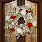 Christabelle 61cm Snowy Elegance Christmas Wreath Pre Lit Warm White LED Red Baubles Berries Front Door Xmas Decoration