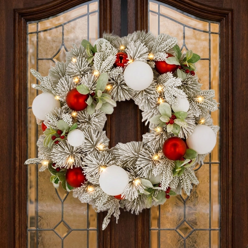 Christabelle 61cm Snowy Elegance Christmas Wreath Pre Lit Warm White LED Red Baubles Berries Front Door Xmas Decoration