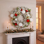 Christabelle 61cm Snowy Elegance Christmas Wreath Pre Lit Warm White LED Red Baubles Berries Front Door Xmas Decoration