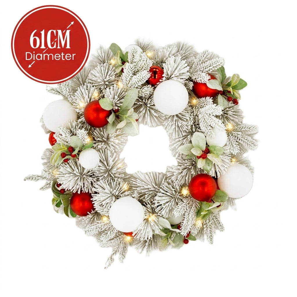 Christabelle 61cm Snowy Elegance Christmas Wreath Pre Lit Warm White LED Red Baubles Berries Front Door Xmas Decoration