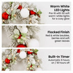 Christabelle 61cm Snowy Elegance Christmas Wreath Pre Lit Warm White LED Red Baubles Berries Front Door Xmas Decoration