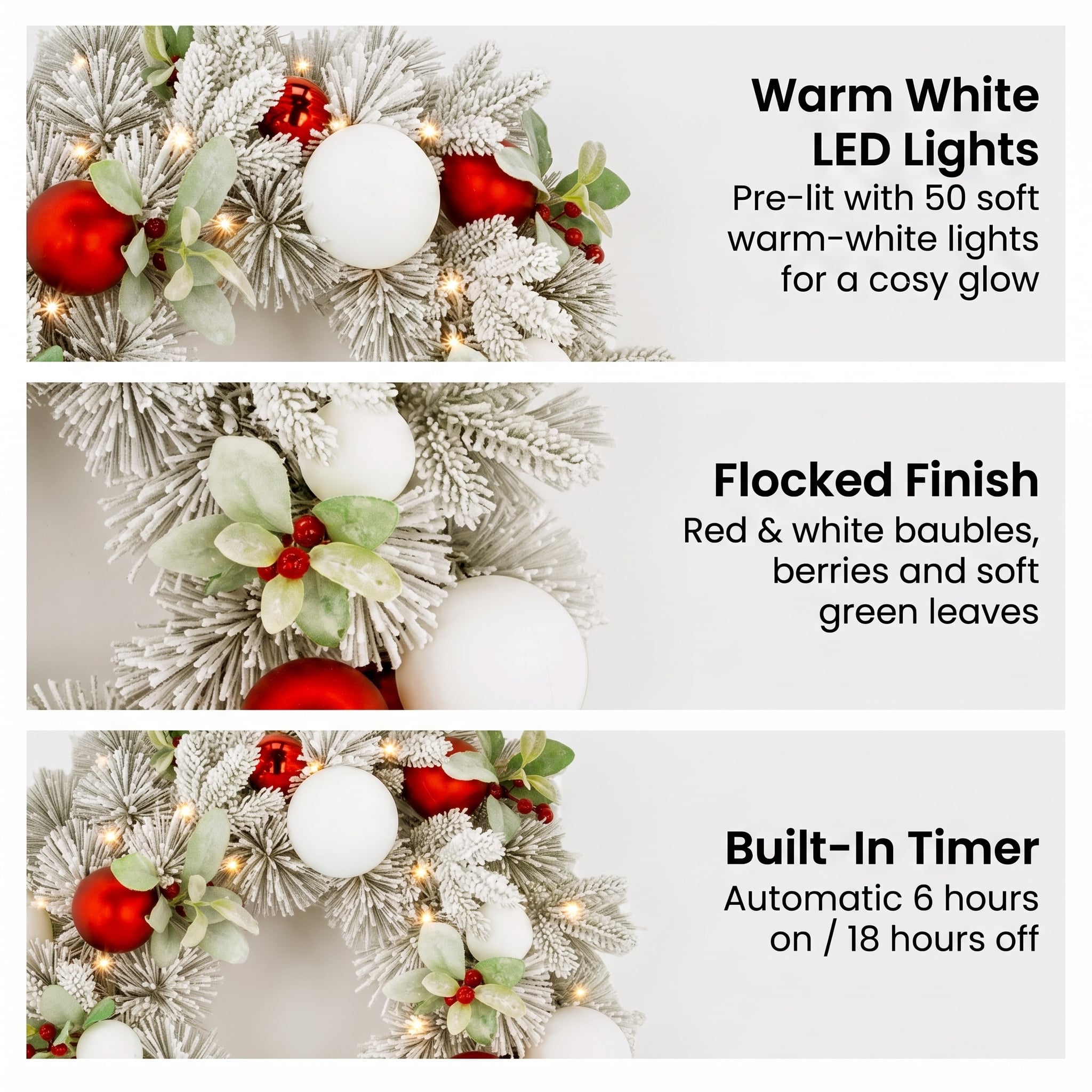 Christabelle 61cm Snowy Elegance Christmas Wreath Pre Lit Warm White LED Red Baubles Berries Front Door Xmas Decoration