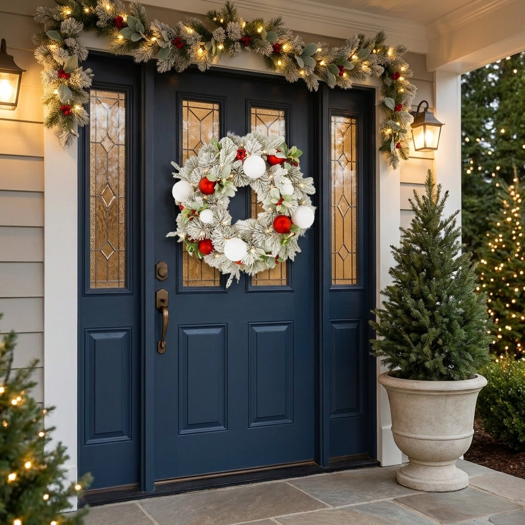 Christabelle 61cm Snowy Elegance Christmas Wreath Pre Lit Warm White LED Red Baubles Berries Front Door Xmas Decoration