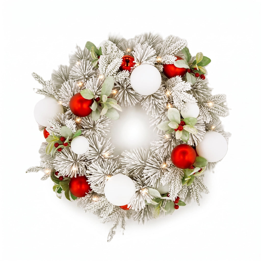 Christabelle 61cm Snowy Elegance Christmas Wreath Pre Lit Warm White LED Red Baubles Berries Front Door Xmas Decoration