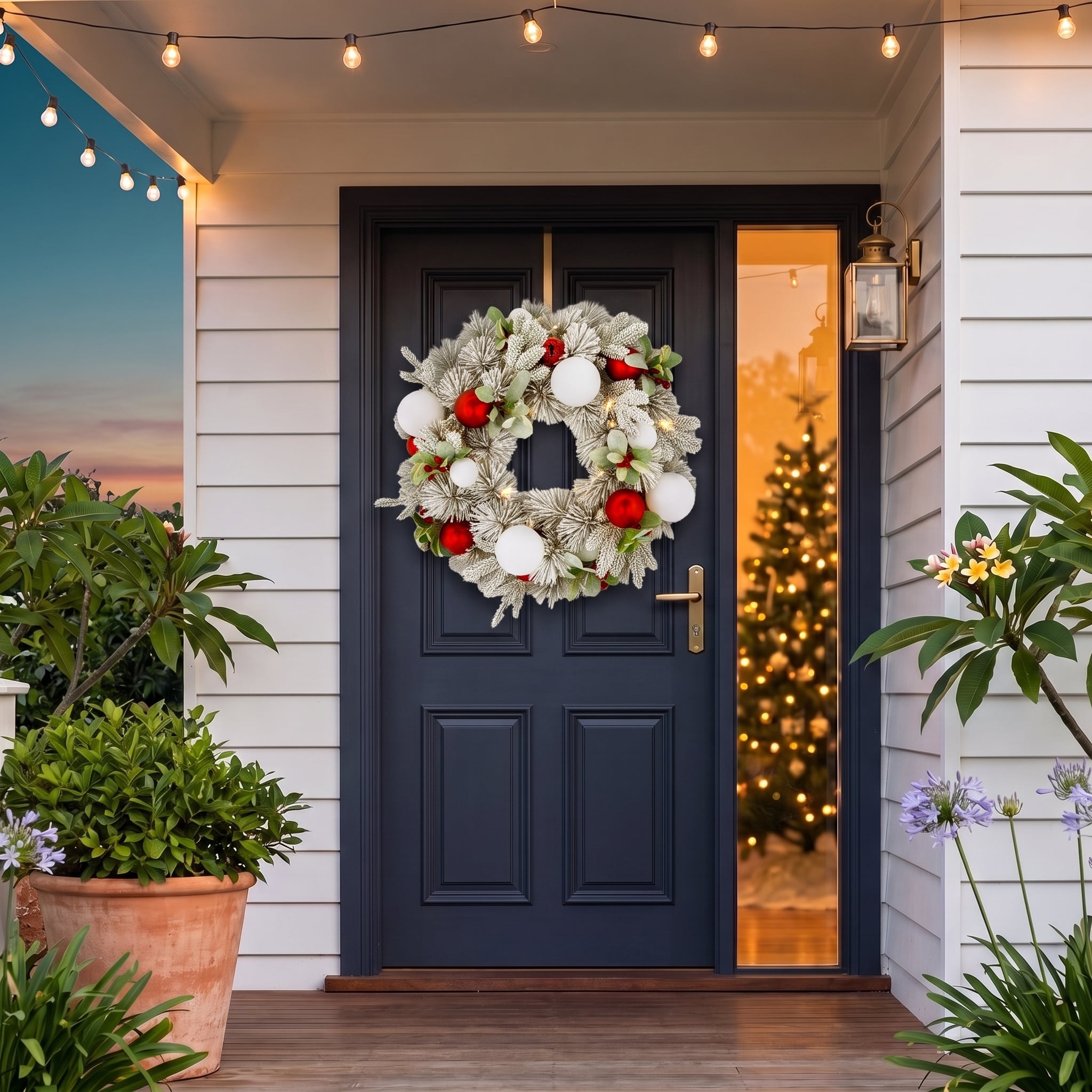 Christabelle 61cm Snowy Elegance Christmas Wreath Pre Lit Warm White LED Red Baubles Berries Front Door Xmas Decoration