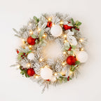Christabelle 61cm Snowy Elegance Christmas Wreath Pre Lit Warm White LED Red Baubles Berries Front Door Xmas Decoration